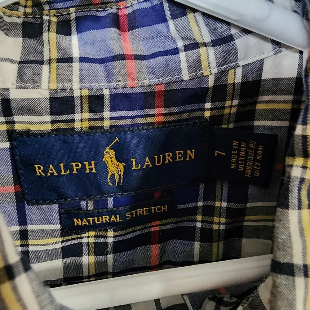 Ralph Lauren‎ Youth Size 7 Blue Plaid Natural Stretch Button Down LS Shirt